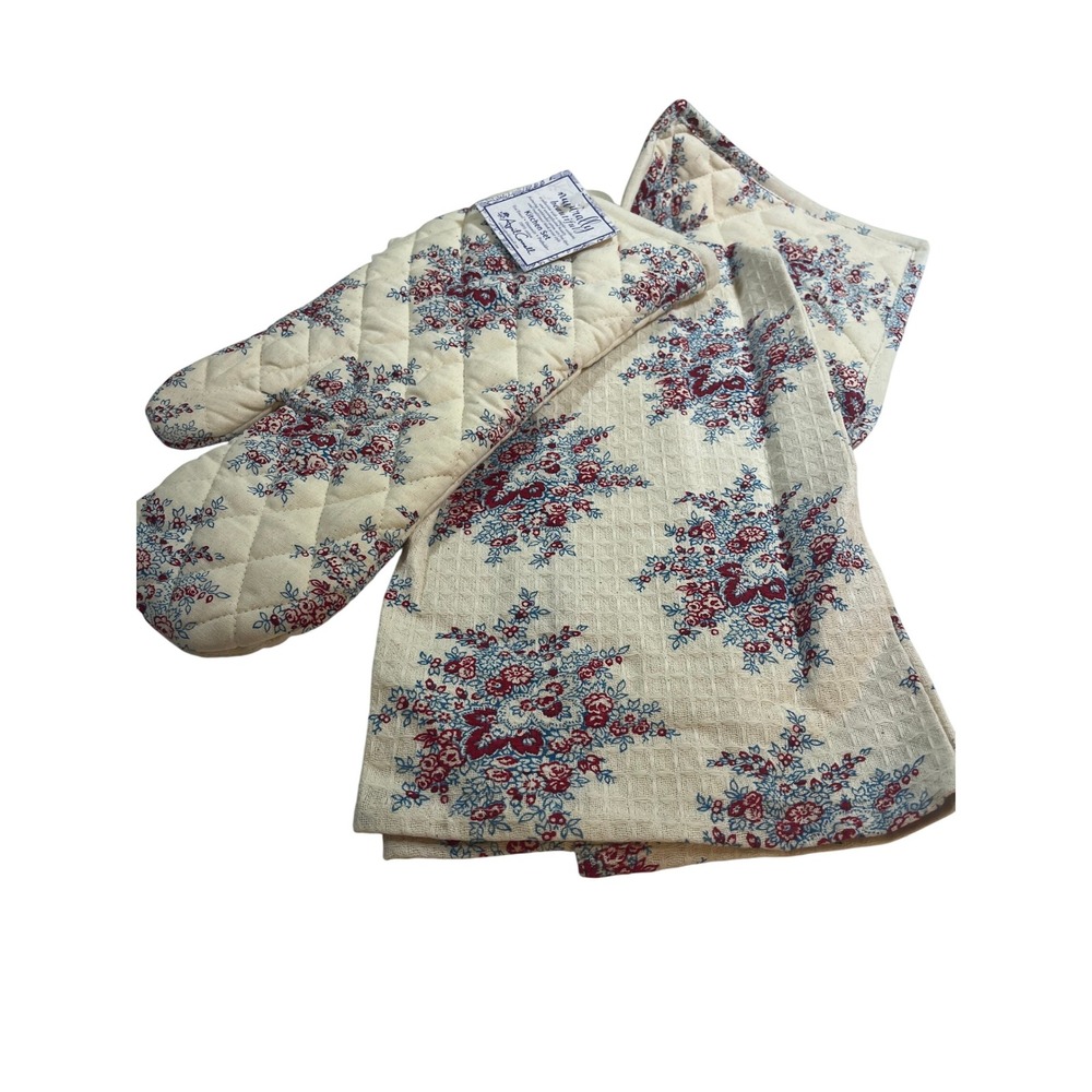 April Cornell Kitchen Set Oven Mitt Pot Holder Tea Towel Beige Purple Floral